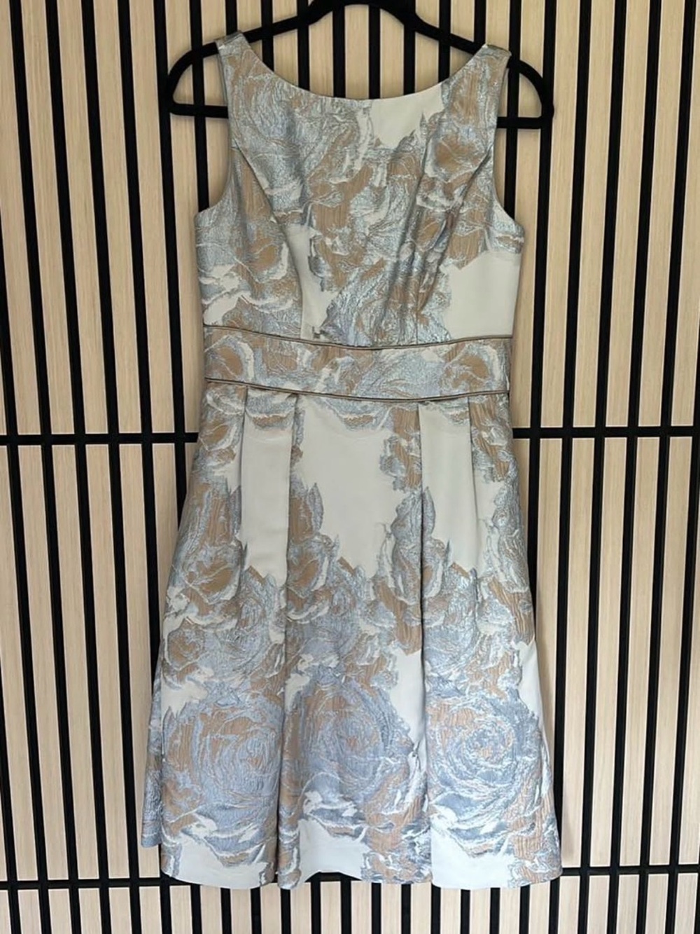 Theia Ivory Dress with Silver and Gold Floral Jacquard